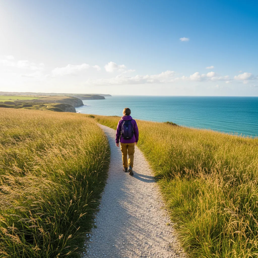 Anonymous person on a sunny English coastal path - plant extract supplement for active lifestyle