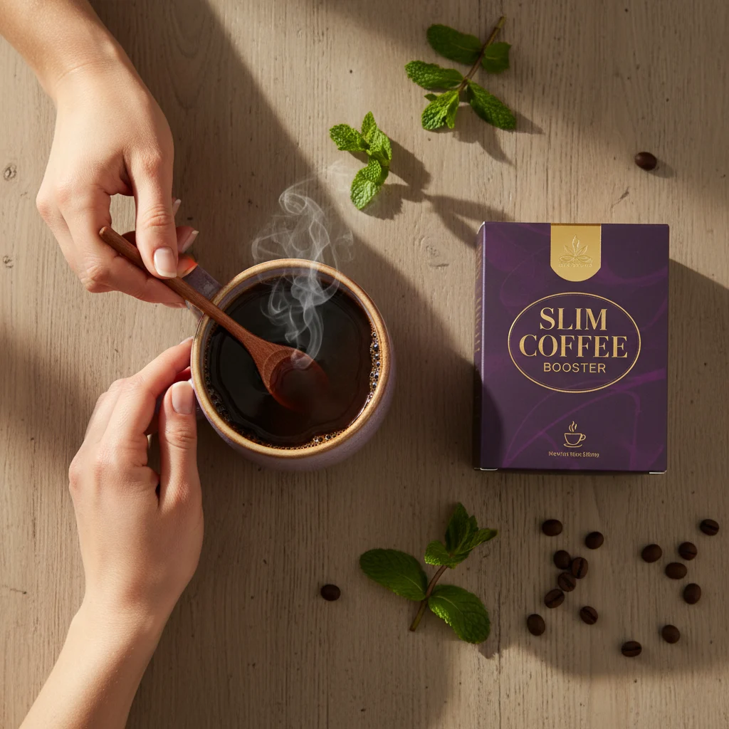 Hands stirring Slim Coffee Booster into morning coffee - daily wellness coffee routine UK
